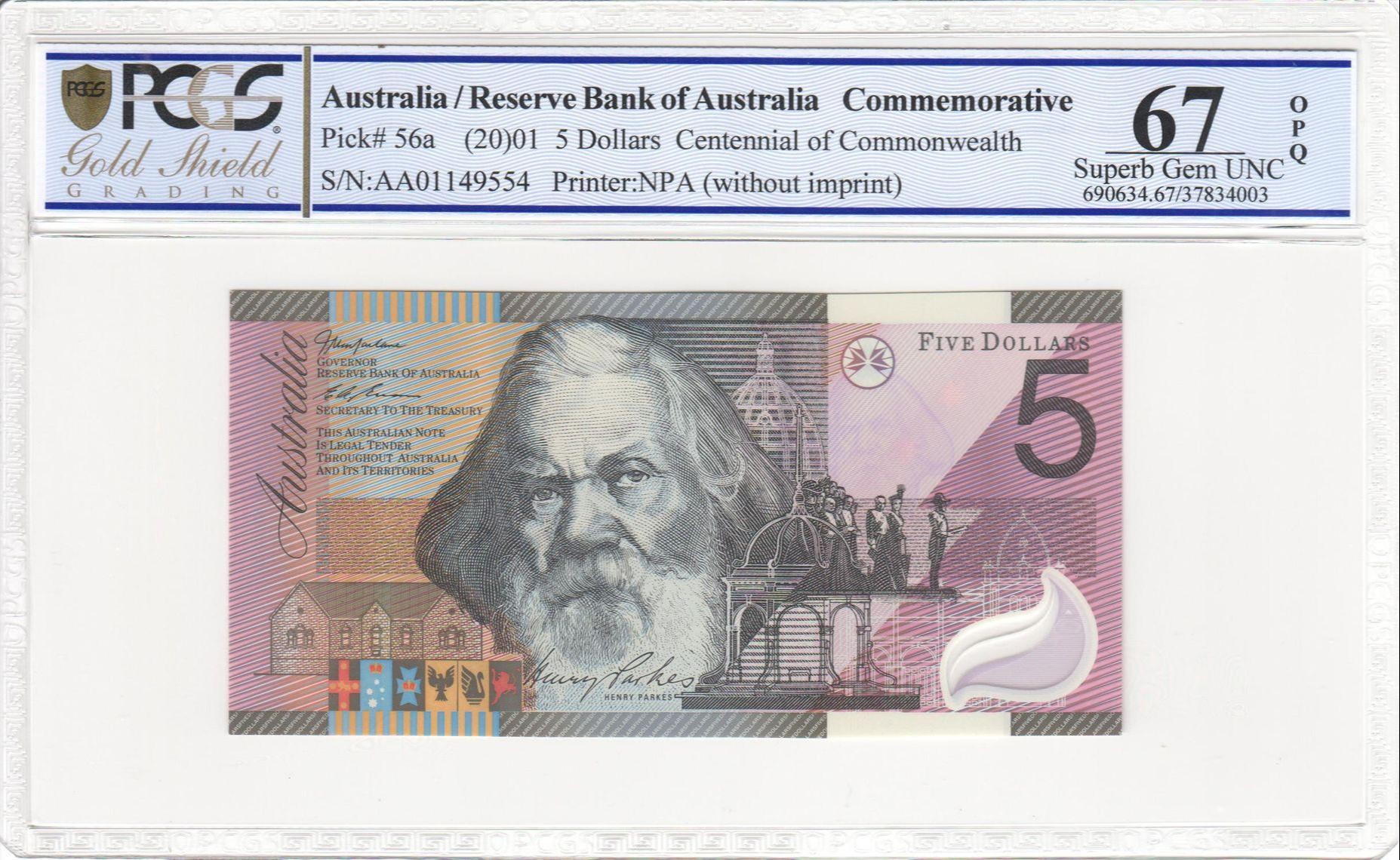 130 · RBA, Centennial of Commonwealth, Sign.: I. Macfarlane & E.A. Evans, Five Dollar, 2001, PCGS - Superb Gem UNC 67 PPQ