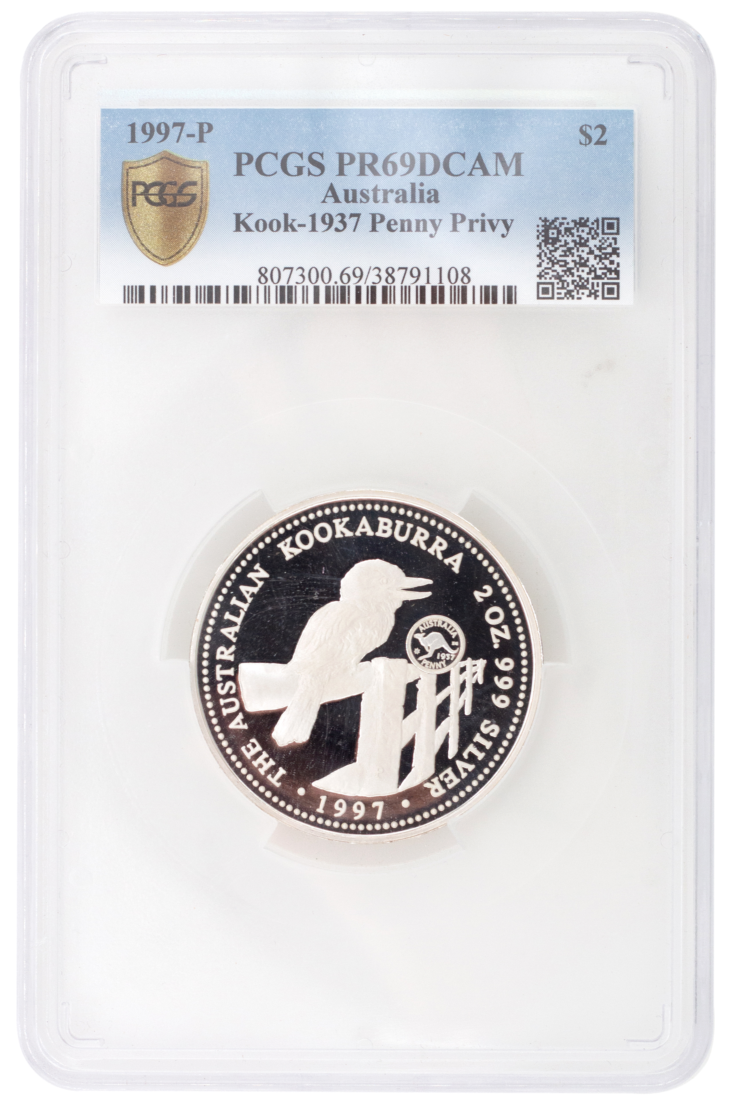 Elizabeth II, 2oz Kookaburra, Two Dollars, 1997-P, PCGS PR 69DCAM