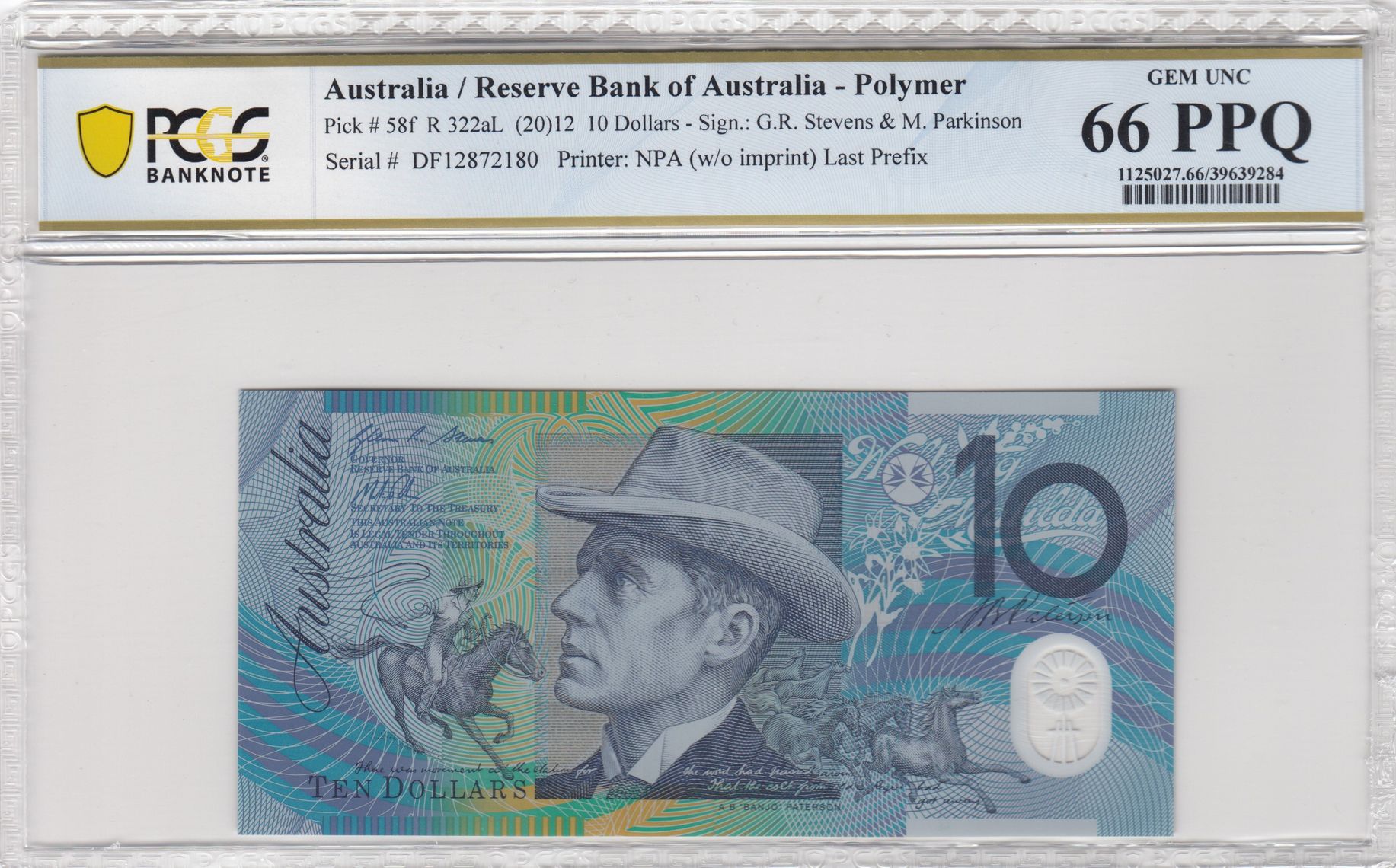 2012 $10 Stevens/Parkinson Gem Unc 66 PPQ Last Prefix