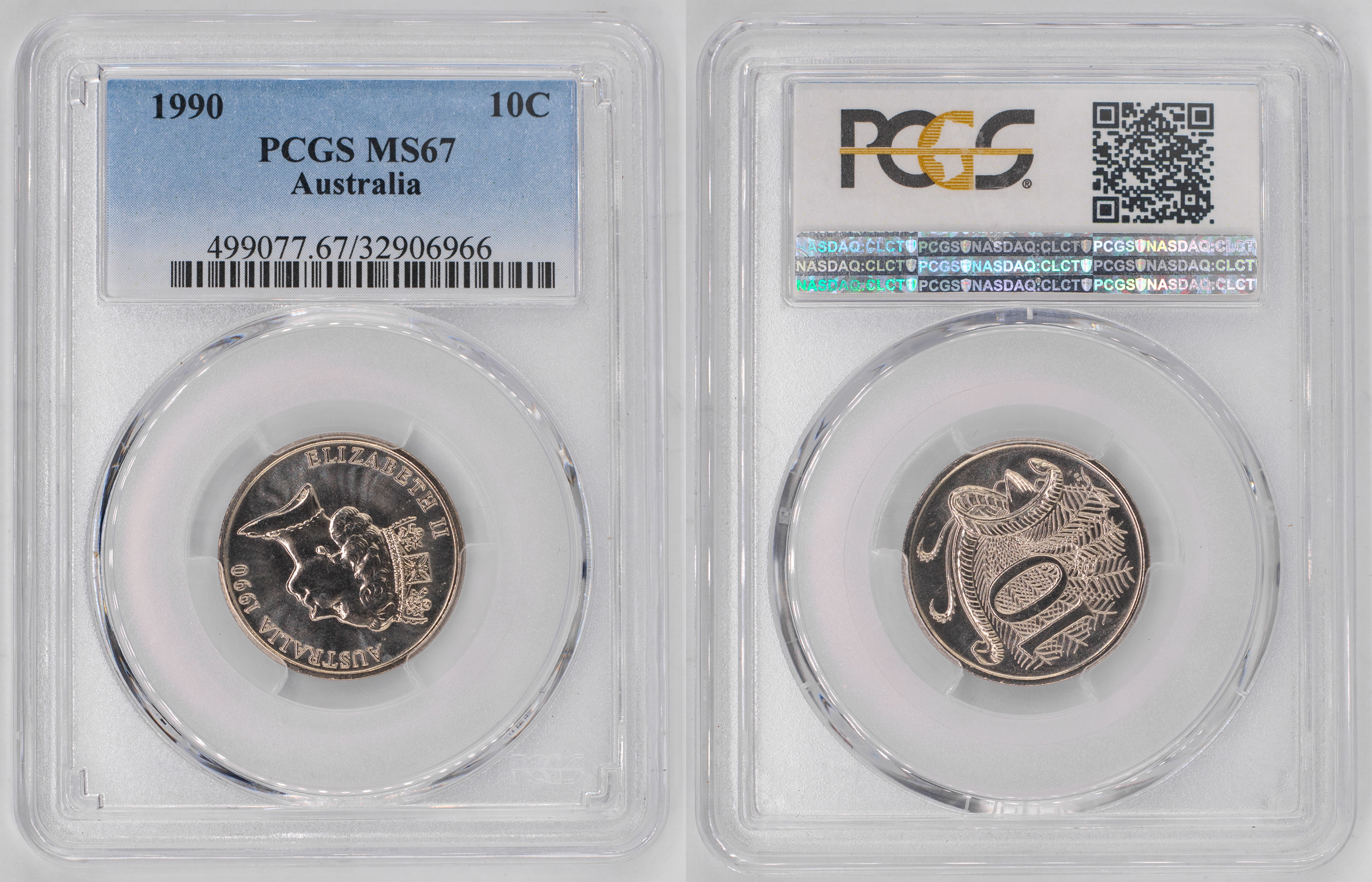 Elizabeth II, Ten Cent, 1990, PCGS MS67