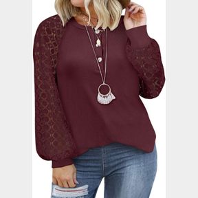 EYTINO WOMENS PLUS SIZE FALL TOPS V NECK LACE LONG SLEEVE BUTTON DOWN LOOSE CASUAL BLOUSE T SHIRTS,2X RED