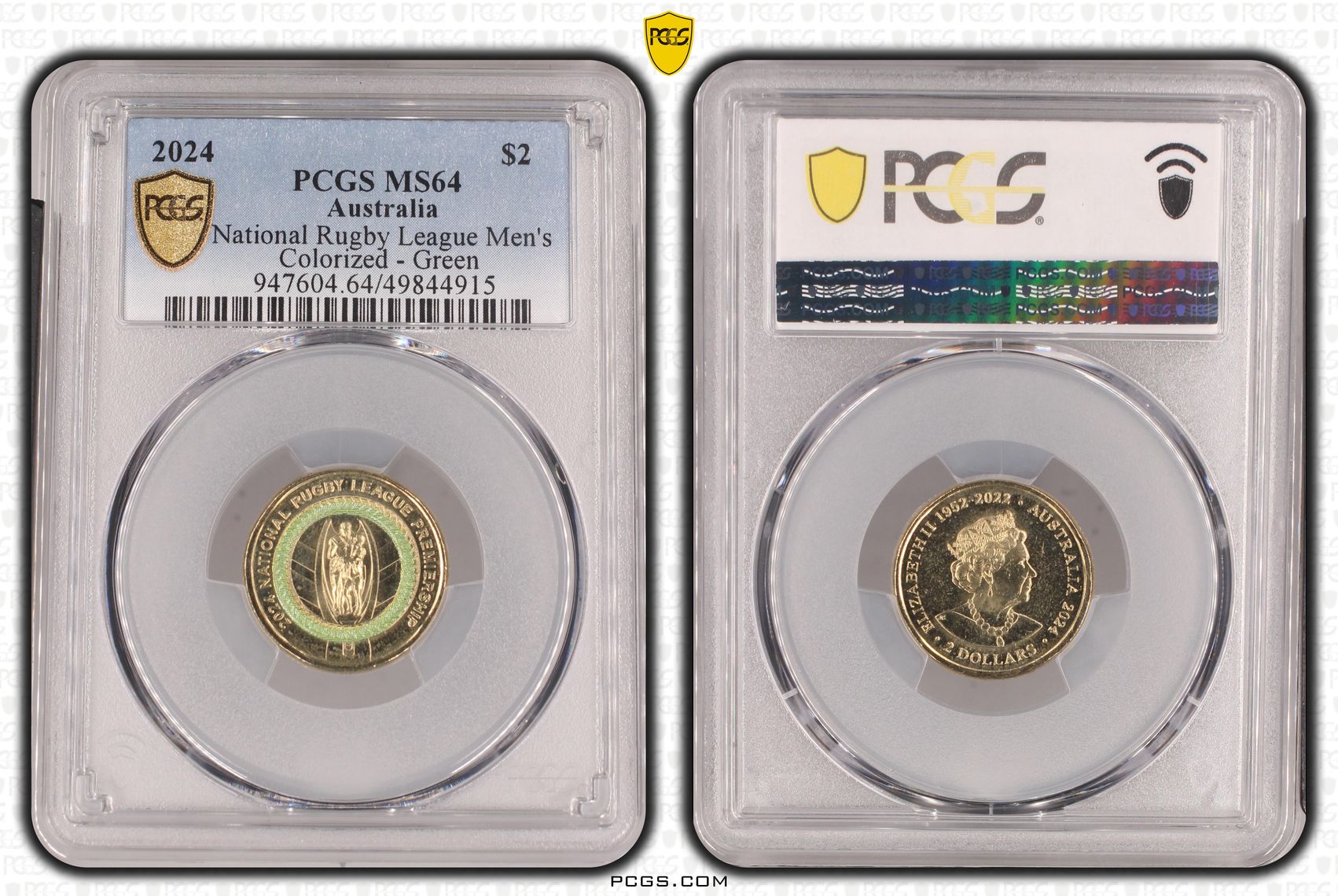 National Rugby League Men's Colorized - Green , Two Dollar, 2024, PCGS MS64