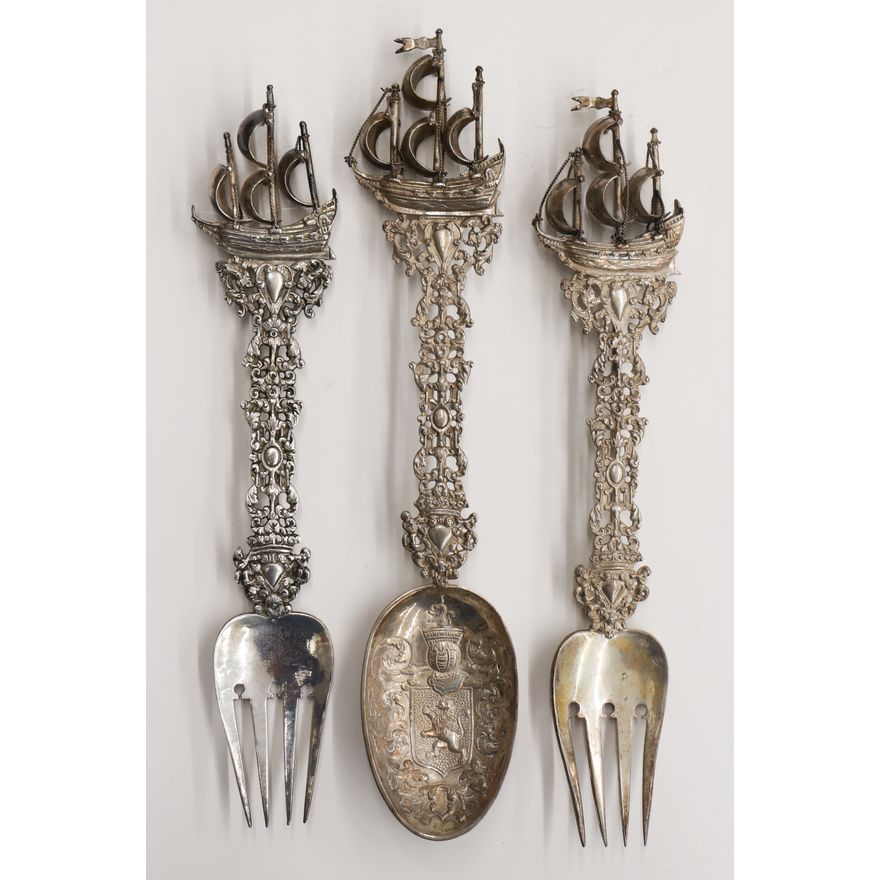 3pc Ornate Hanau Silver Schooner Ship Servers