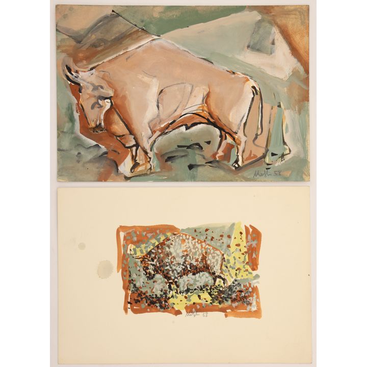 2pc Neil Meitzler ''Bull'' 1958 Small Caseins on Paper 5''x7''