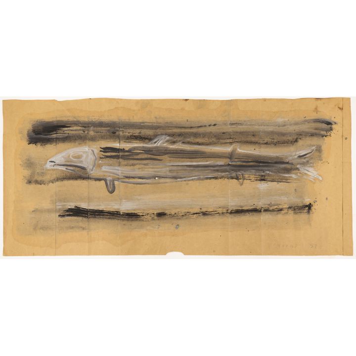 Jay Steensma ''Grey Salmon'' 1989 Oil on Paper Bag 17''x38''