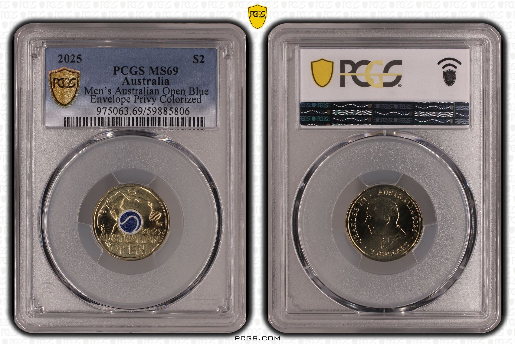 Men's Australian Open Blue Envelope Privy Colourised, Two Dollar, 2025, PCGS MS69
