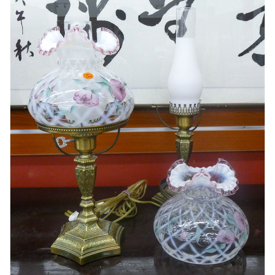 Pair Fenton Trellis Hurricane Lamps 19'' - One needs repair