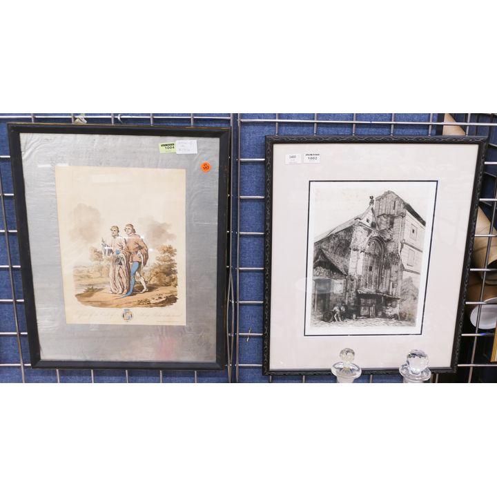 2pc European Etching and Lithograph Framed- 21x16'' each