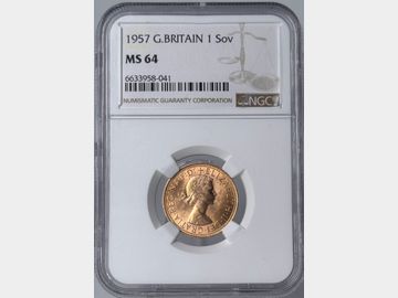 1957 ELIZABETH II 'GILLICK' PRE-DECIMAL GOLD SOVEREIGN MS64