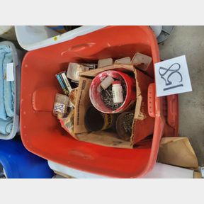 Tote of misc fasteners, nails and hardware items