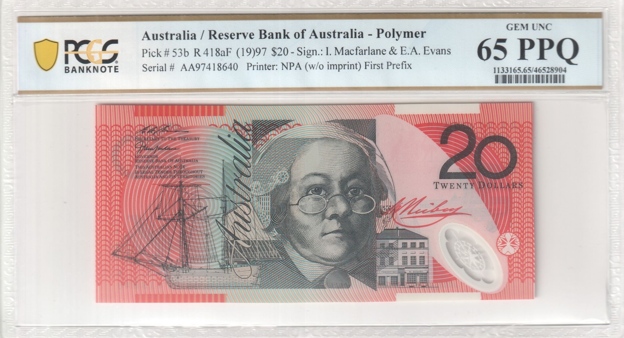 35 · Macfarlane/Evans, First Prefix, Twenty Dollars, 1997, PCGS Gem UNC 65 PPQ