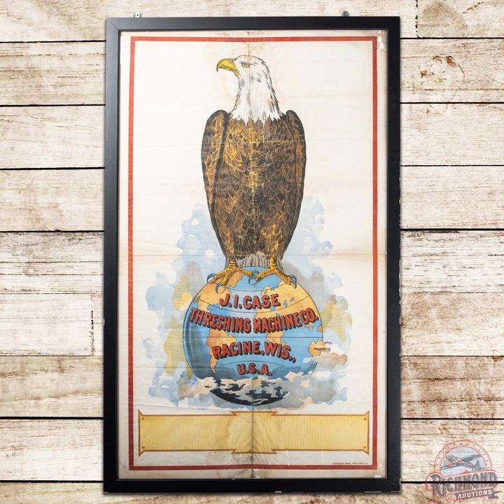 J.L. Case Threshing Machine Co Canvas Banner Sign w/ World & Old Abe