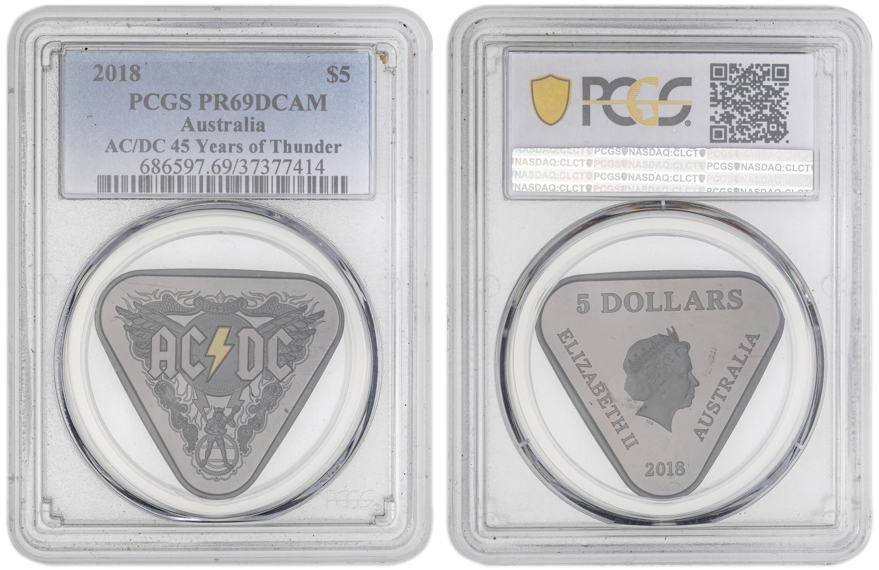 Elizabeth II, AC/DC 45 Years of Thunder , Five Dollar, 2018, PCGS PR69DCAM