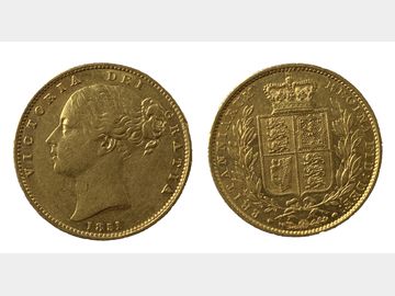 1851 Queen Victoria Young Head London Mint Shield Gold Sovereign.