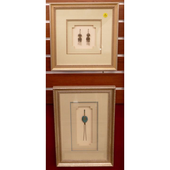 2pc Old Chinese Silver & Kingfisher Feather Jewelry Framed- largest 16x11''