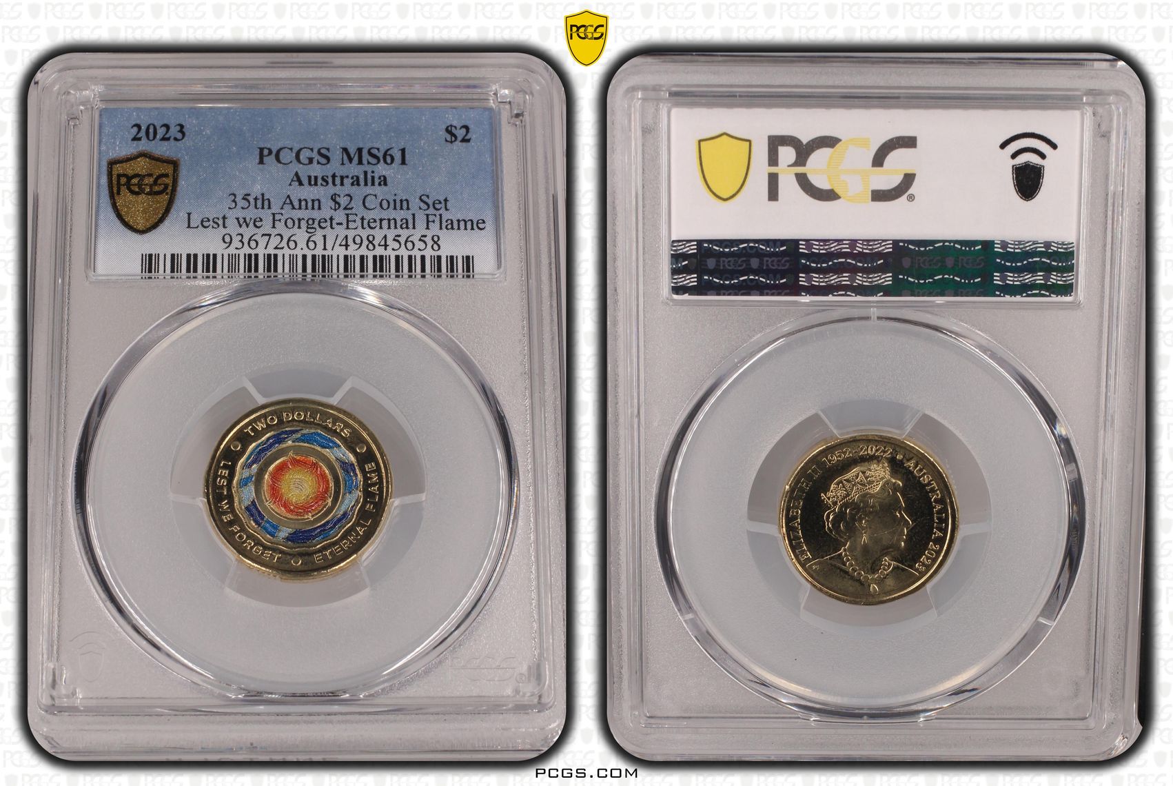 Elizabeth II, 35th Ann $2 Coin Set Colorized Lest we Forget-Eternal Flame , Two Dollar, 2023, PCGS MS61