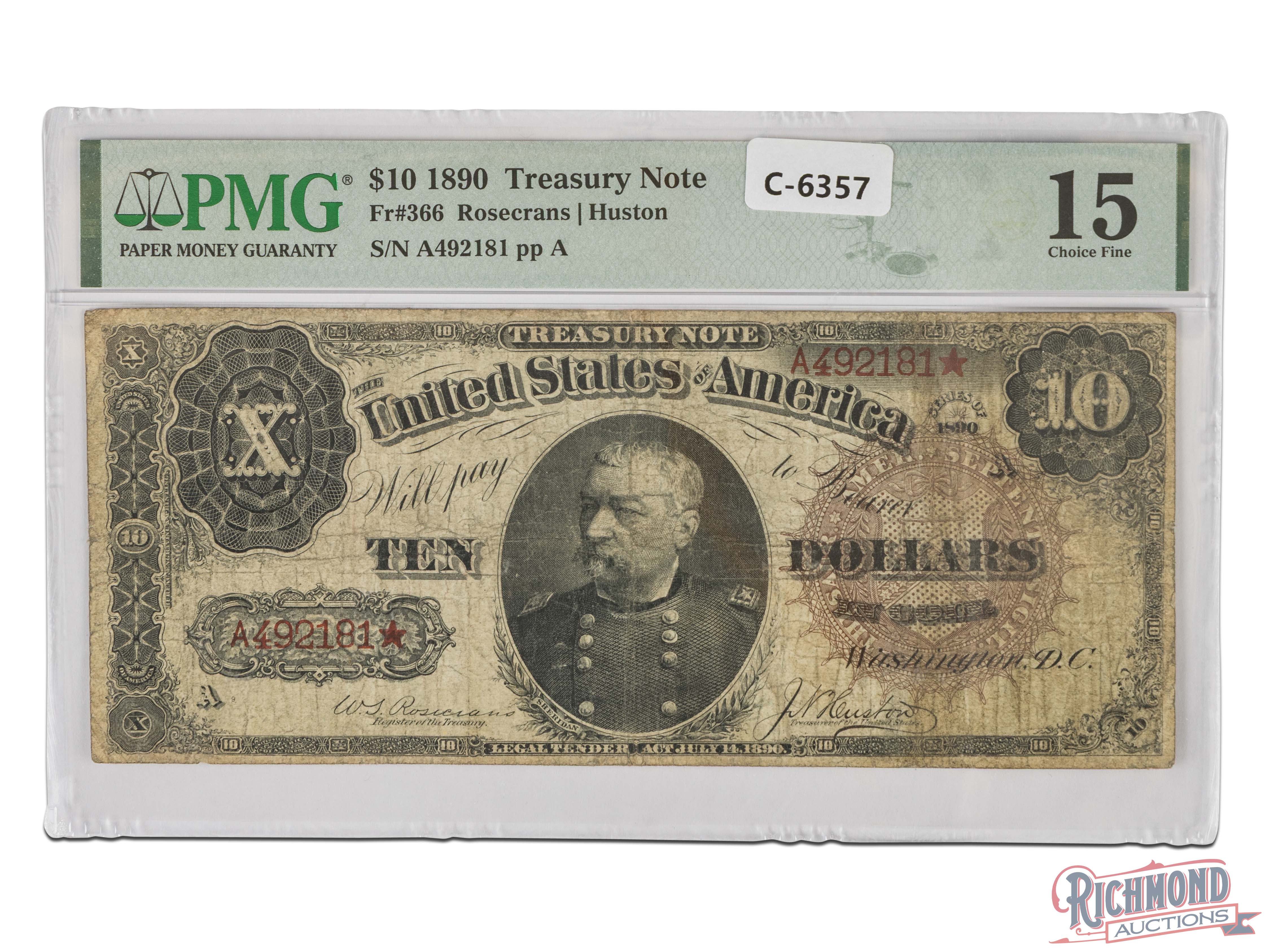 Scarce 1890 Ornate Back $10 Treasury Note | Richmond Auctions