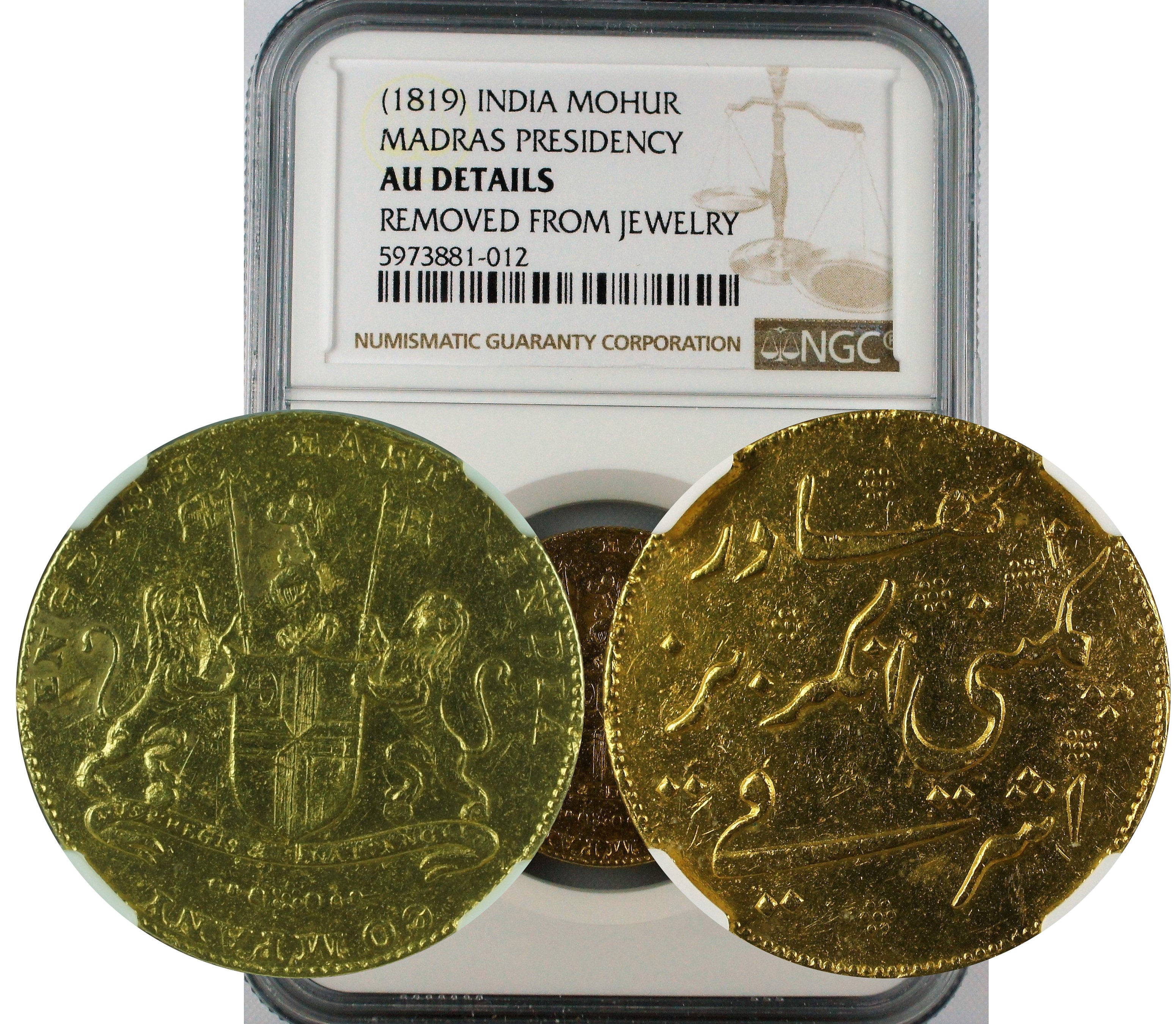 India AH1202//19 Bengal Presidency Gold Mohur Murshidabad NGC AU Details Removed from Jewelry