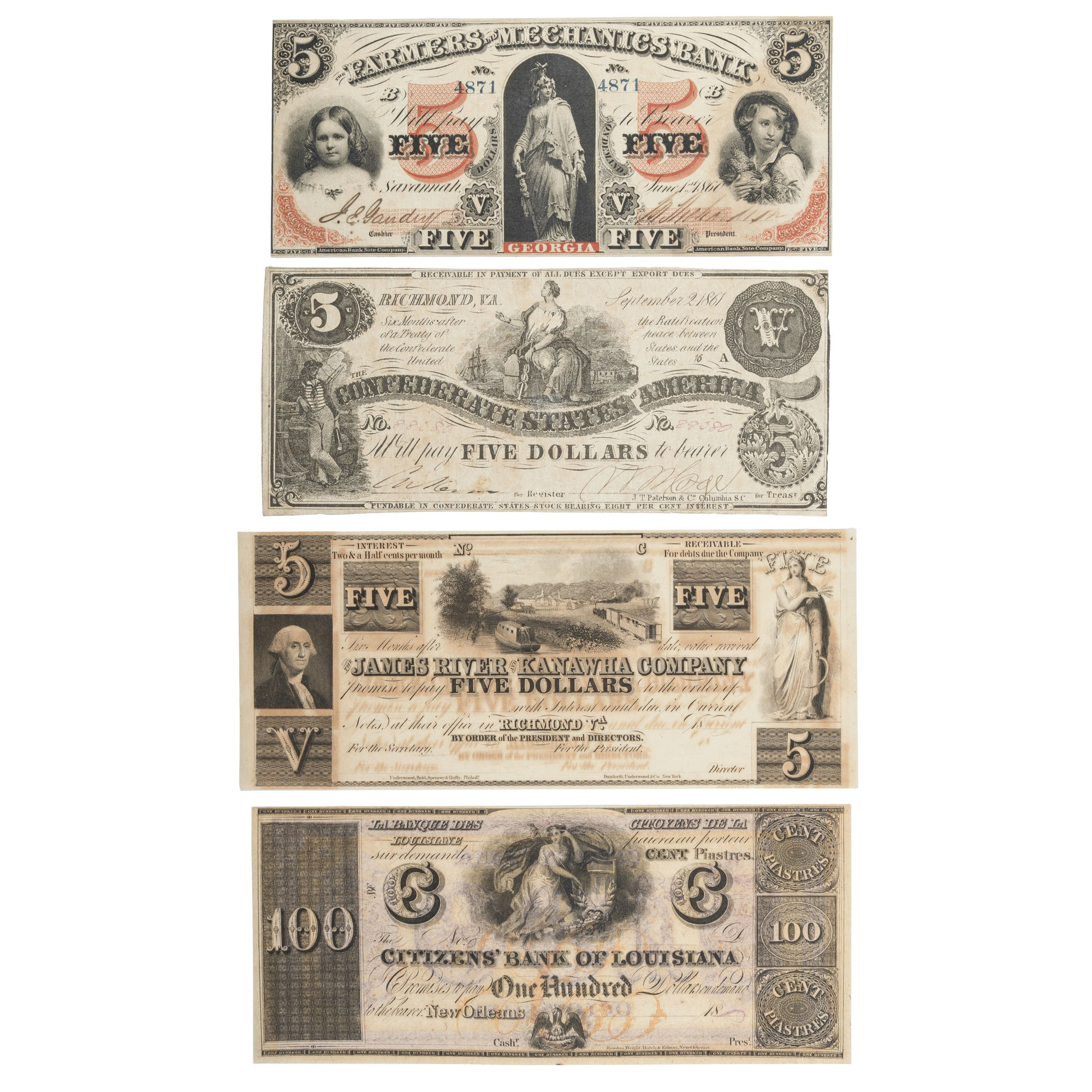 United States, Local Issues, Five Dollars - One Hundred Dollars, 1860 - 1863, VG - VF