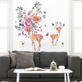 Deer Head with Floral Antlers Vinyl Art Sticker for Wall Decoration Watercolor Design |