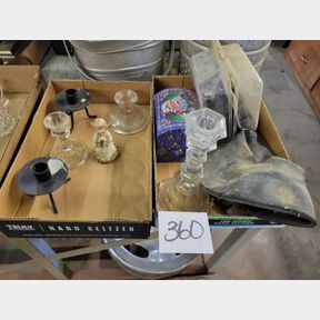 2 Boxes of glass candle holders and other items