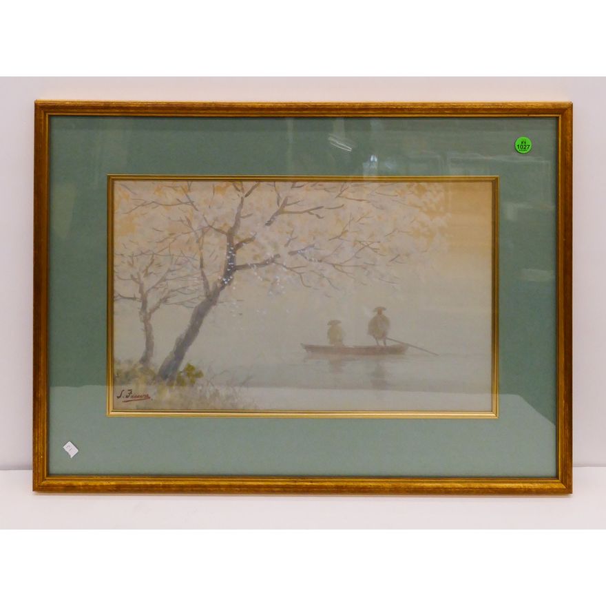 Vintage Japanese Watercolor of Men in a Boat Framed- 18x25''