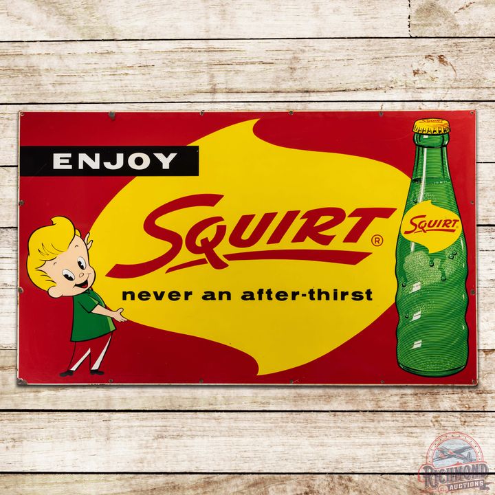 Enjoy Squirt "Never an After-Thirst" 5' Single Sided Porcelain Sign w/ Boy & Bottle