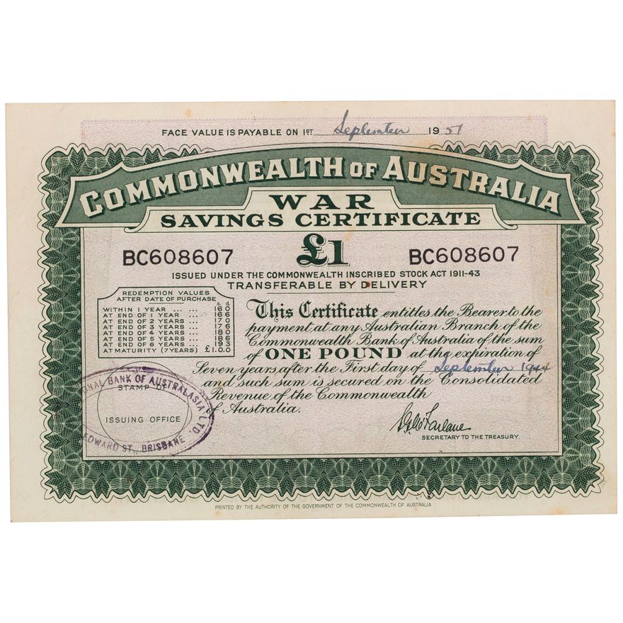Commonwealth of Australia War Savings Certificates, One Pound, 1944, VF