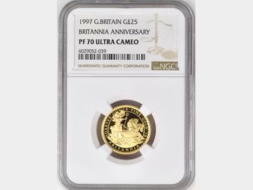 1997 ELIZABETH II BRITANNIA 'CHARIOT DESIGN' PROOF 1/4oz GOLD £25 COIN PF70 UCAM TOP POP!