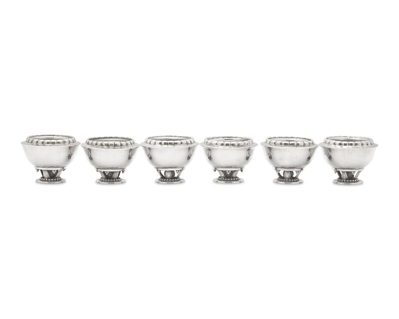 A Set of Six Georg Jensen Silver Salts with Glass Liners