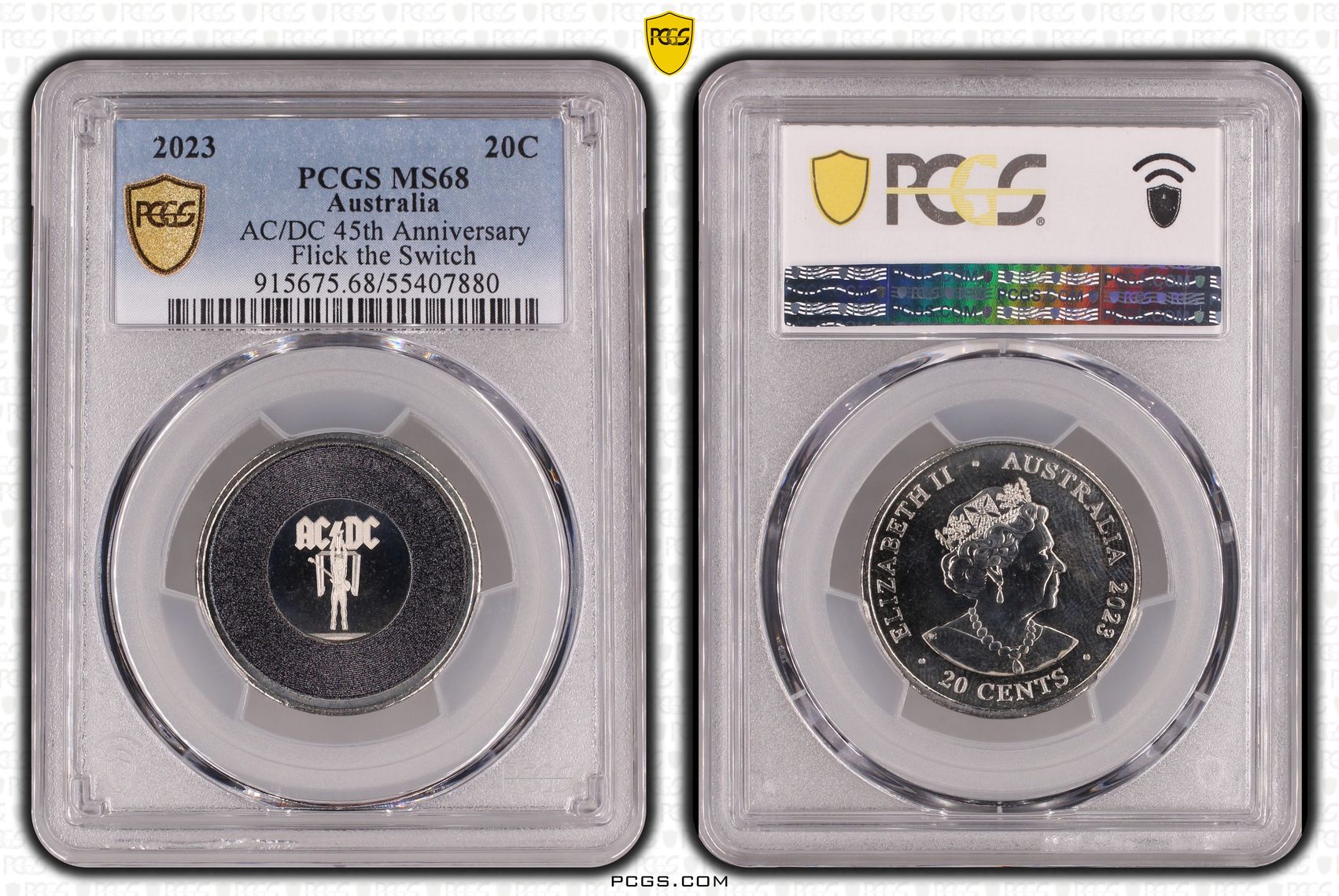 AC/DC 45th Anniversary - Flick the Switch, Twenty Cent, 2023, PCGS MS68