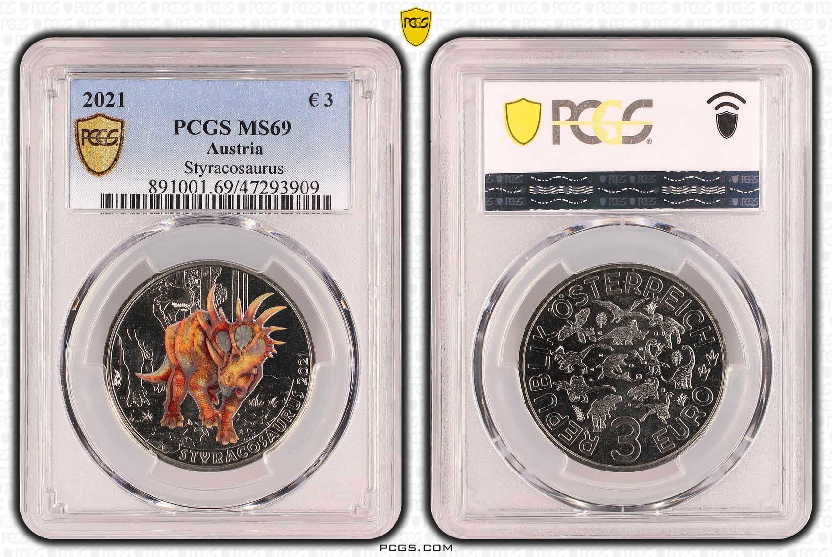 Austria, Styracosaurus , 3 Euro, 2021, PCGS MS69