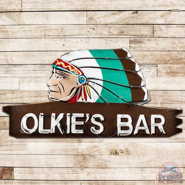 Olkie's Bar Die Cut DS Wood & Metal Neon Sign w/ Chief Ironwood Michigan