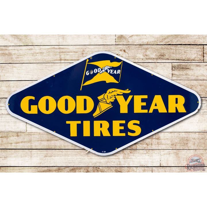 1939 Goodyear Tires w/ Two Logos Porcelain Sign TAC 9.5
