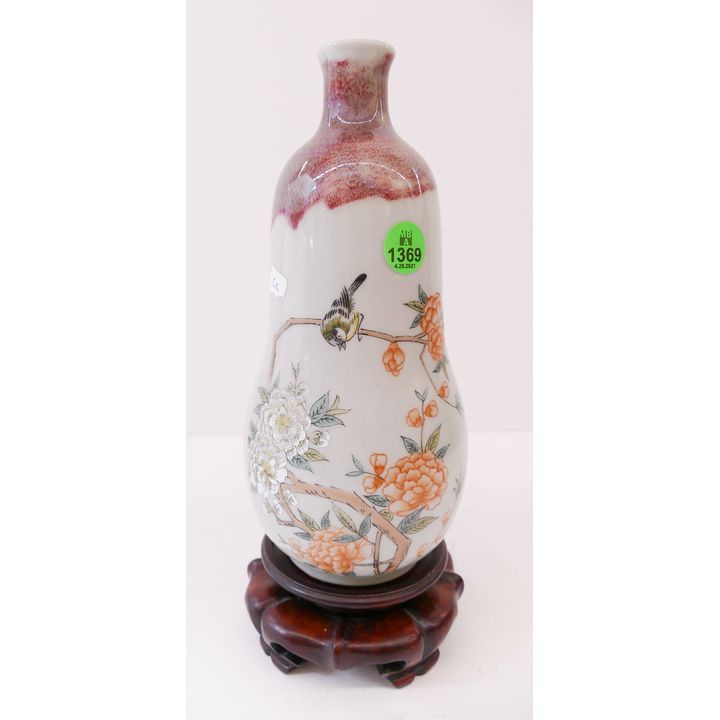 Chinese Enameled Porcelain Bottle Vase on Stand- 10''
