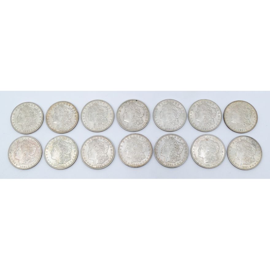 Box 14pc US 1921 Morgan Silver Dollars AU