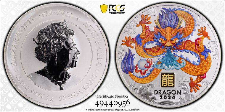 2024 $30 Year of the Dragon 1 Kilo Silver w/ Gold Privy Mark Coin PCGS MS66