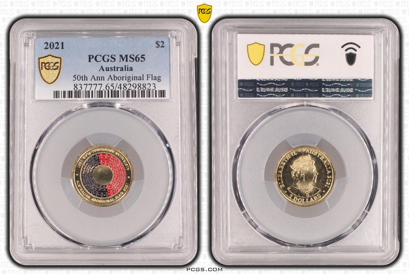 Elizabeth II, 50th Ann Aboriginal Flag Colorized, Two Dollar, 2021, PCGS MS65