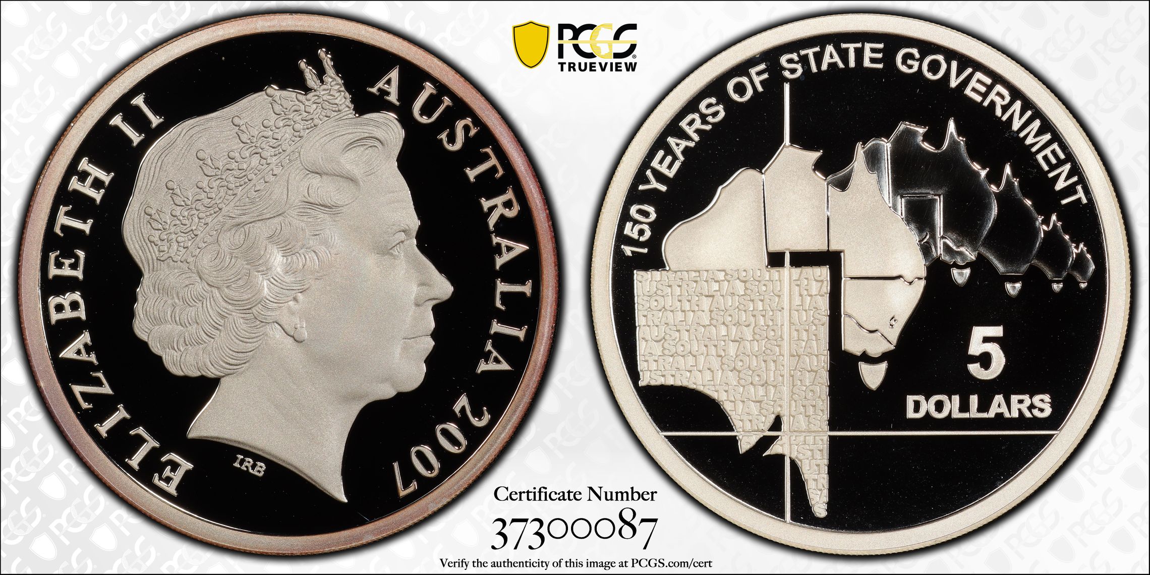 2007 Australia Five Dollar, $5 Silver Proof 150 Years South Australia State Government PCGS - PR70DCAM POP 3/0 -087