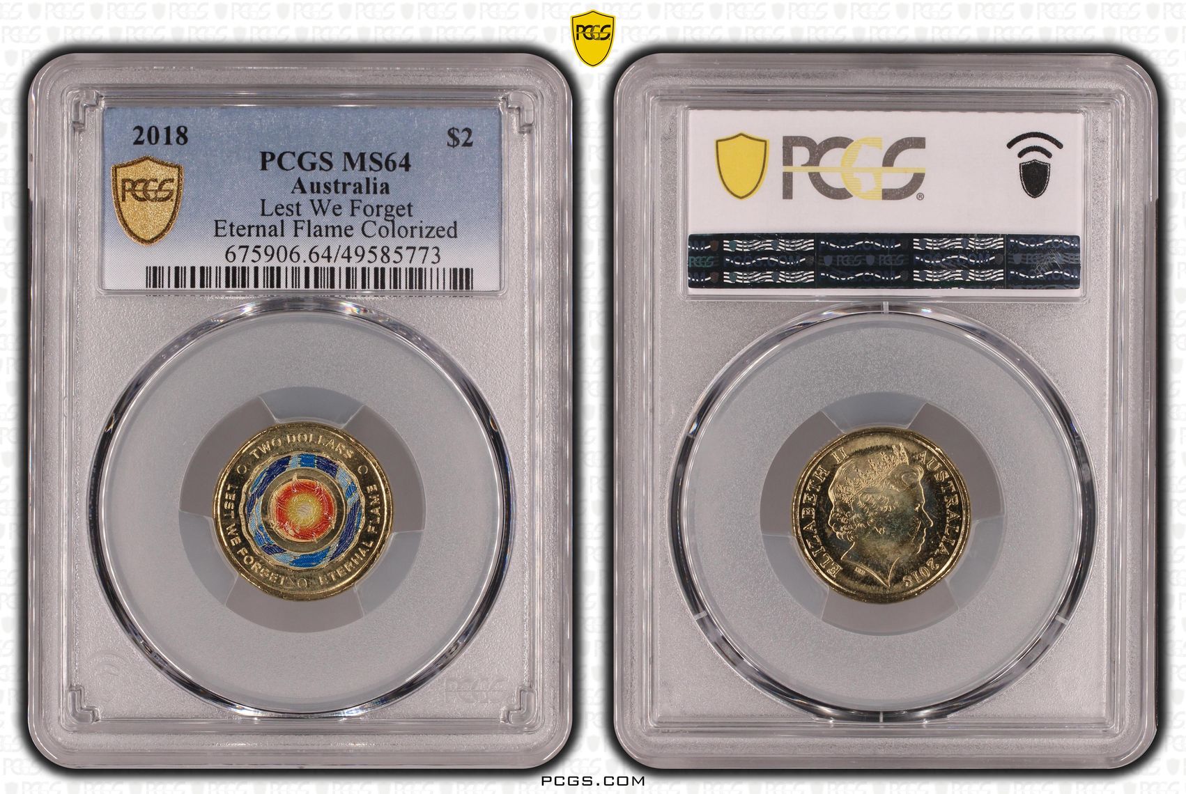 Elizabeth II, Lest We Forget - Eternal Flame Colorized , Two Dollar, 2018, PCGS MS64