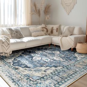 10' X 8' (RECTANGULAR) BESTSWEETIE BLUE VINTAGE AREA RUG, 8X10, CHENILLE, MACHINE MADE, WASHABLE, INDOOR, FLORAL PATTERN, LIVING R