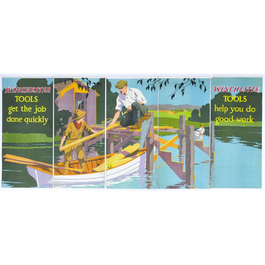 1920's Winchester 5 Panel Advertising Sign- Tools (Dock Building Scene)
