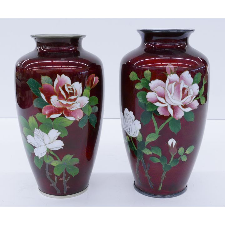 2pc Near Pair Japanese Cloisonne Floral Vases- 7'' approx