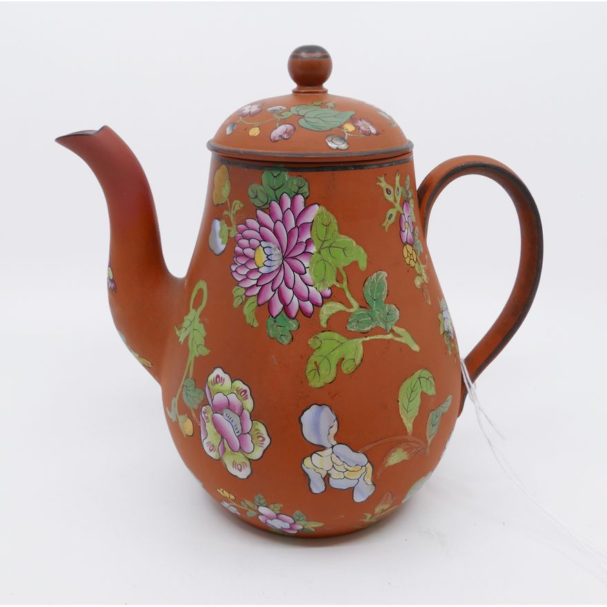 Wedgwood Rosso Antico Enameled Floral Small Teapot (repair to spout)- 7.5"