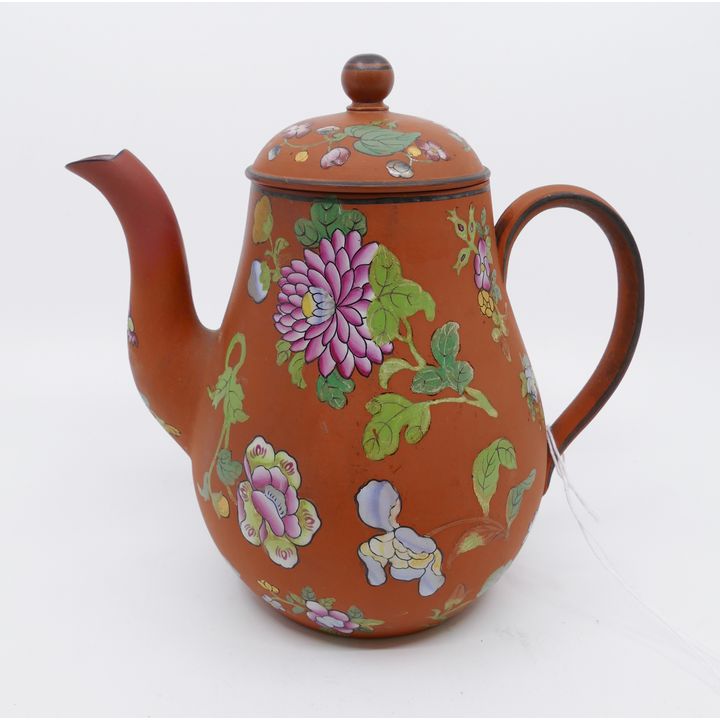 Wedgwood Rosso Antico Enameled Floral Small Teapot (repair to spout)- 7.5"