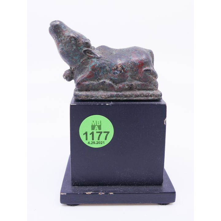 Ancient Khmer Bronze Small Bull Figure on Stand- 4''