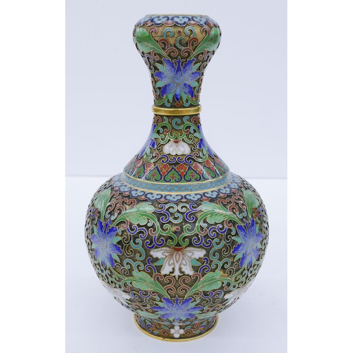 Chinese Cloisonne Garlic Vase with Lotus Design- 8''
