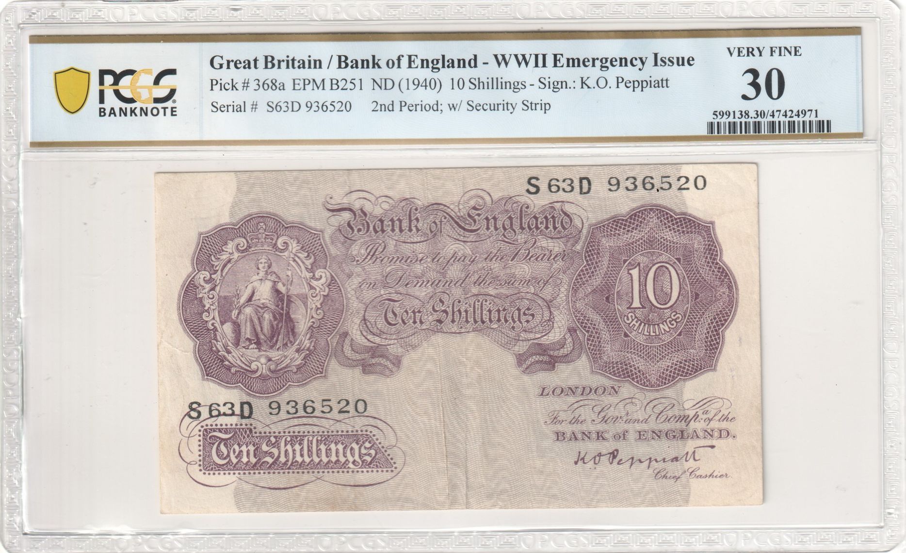Great Britain, WWII Emergency Issue, K.O. Peppiatt, 2nd Period; w/ Security Strip, Ten Shilling, 1940, PCGS Very Fine 30