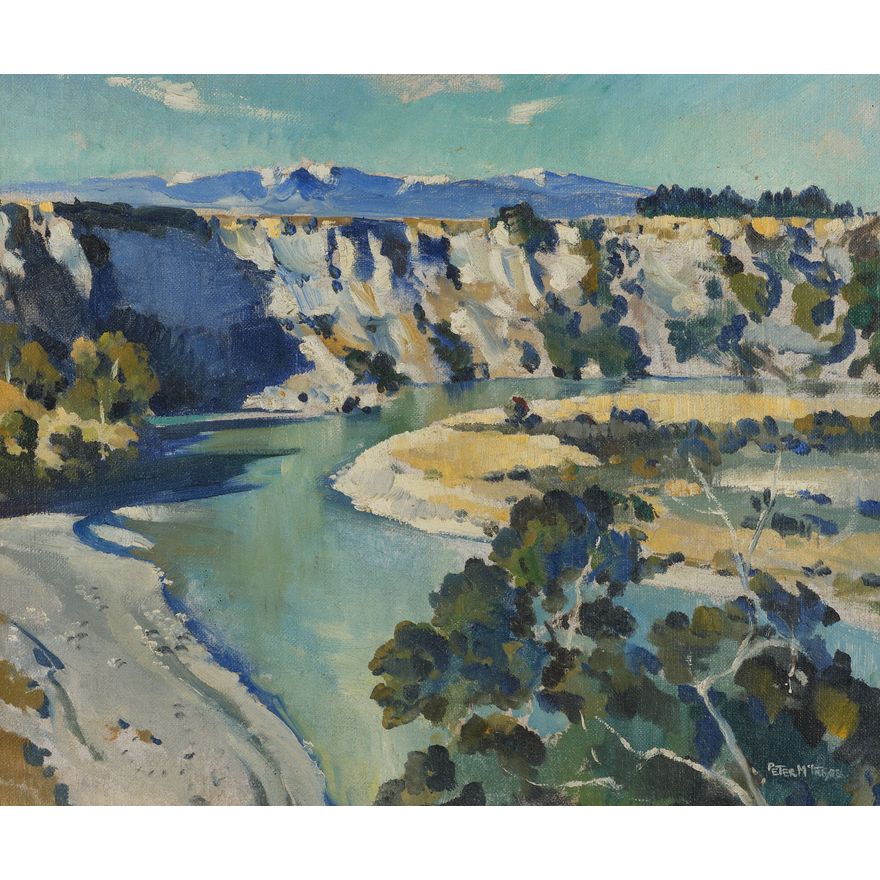 Peter McIntyre 'Wanganui River, Looking South from the Artist’s Home at Kakahi, Towards Tongariro National Park'