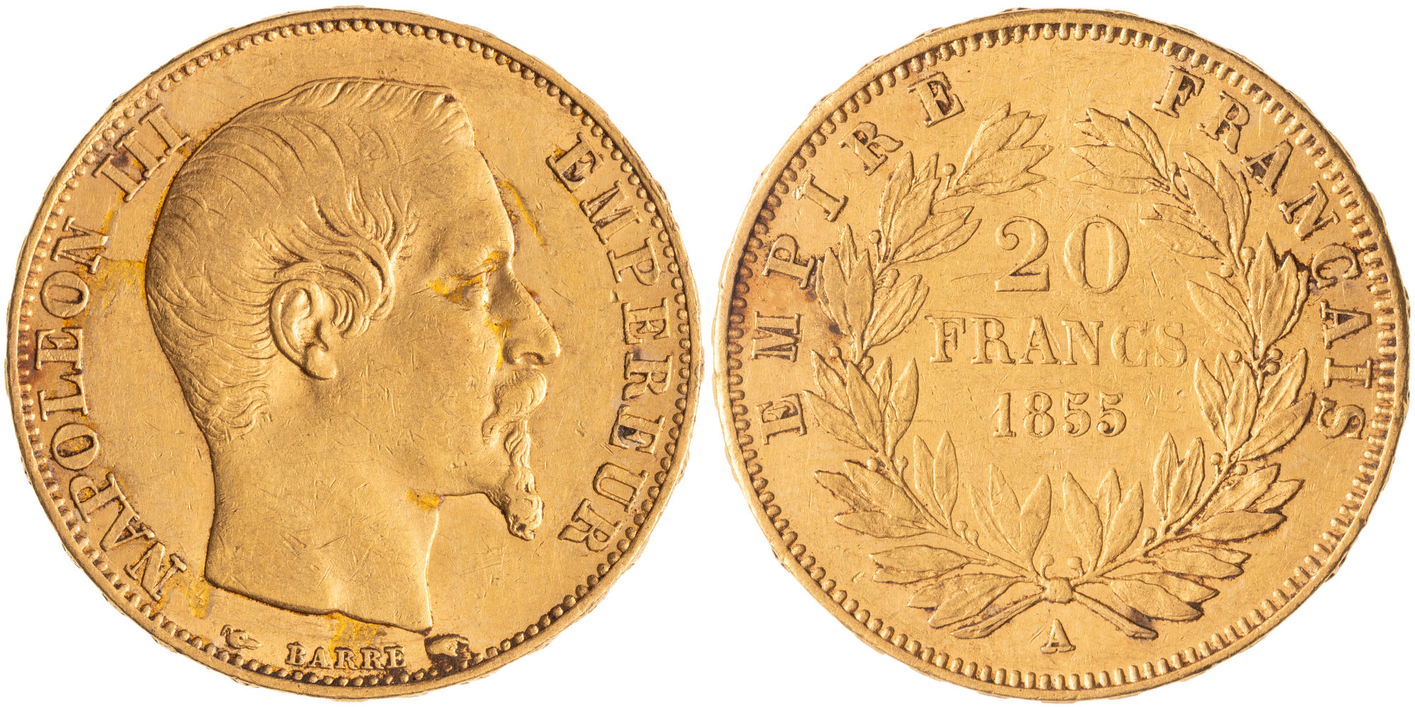 France, Napoleon III, Twenty Francs, 1855, VF